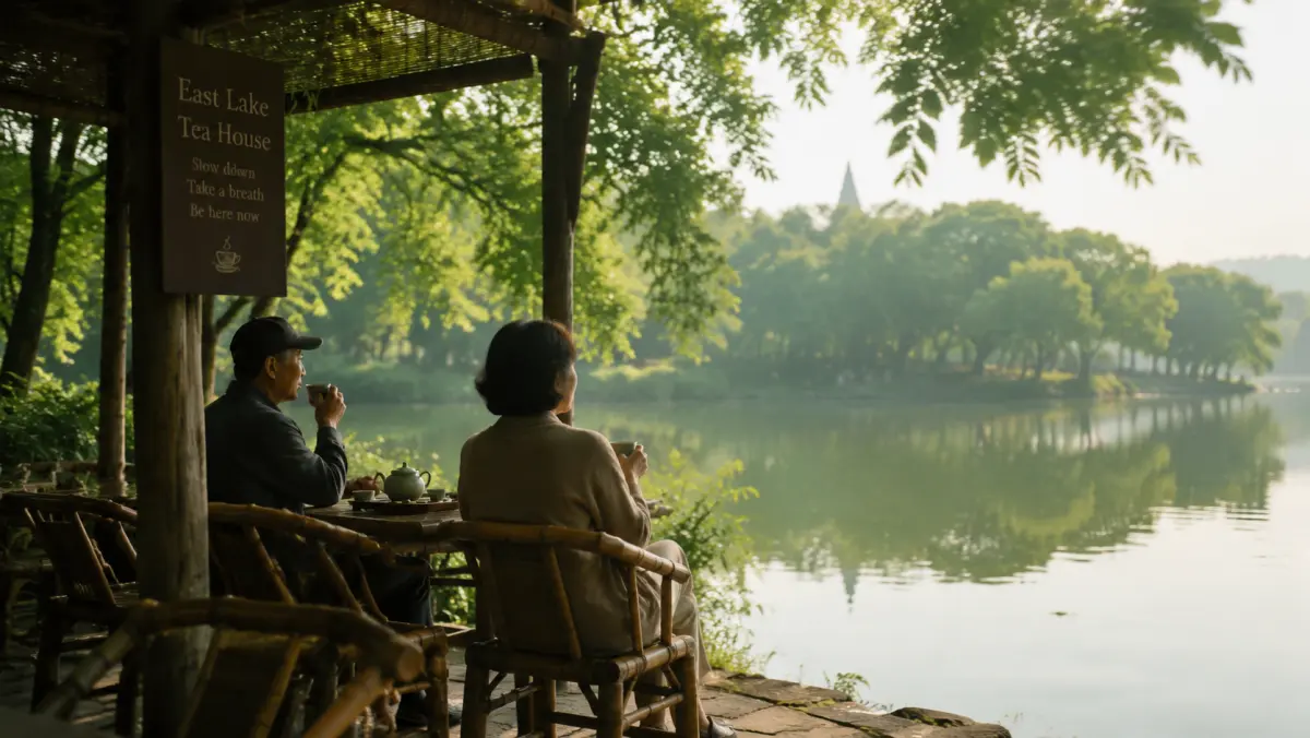 Teahouse by East Lake in Wuhan with bamboo chairs, jasmine tea, and lake view