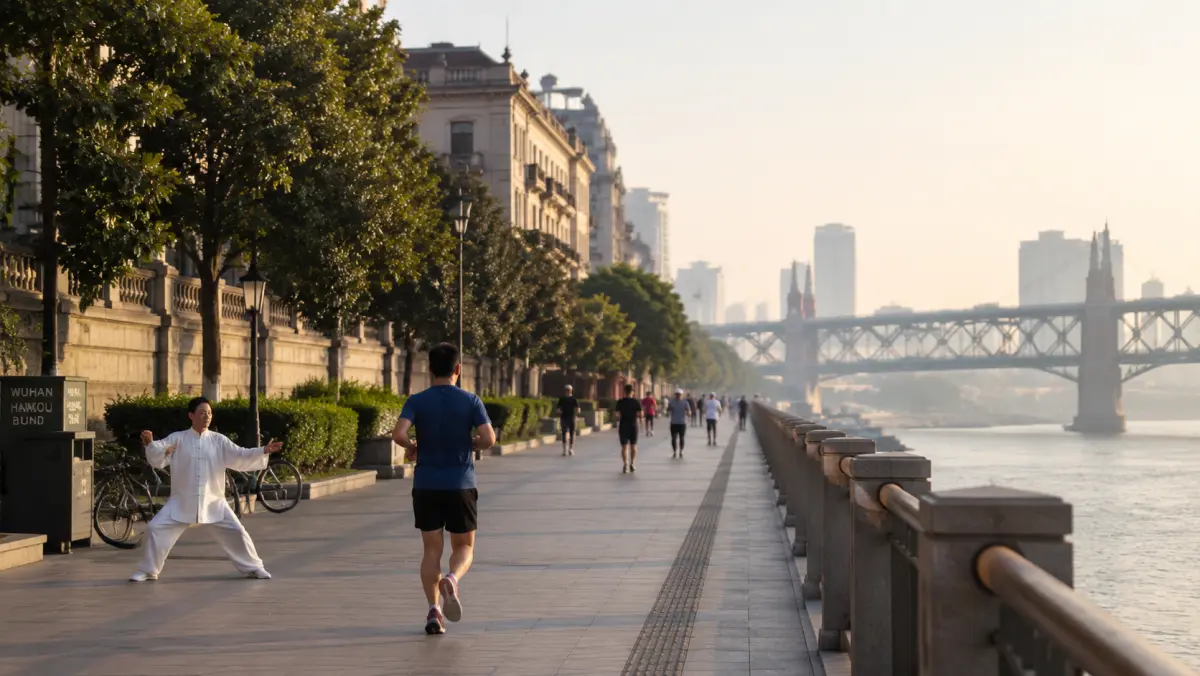 Hankou Riverfront morning walk along the Yangtze with locals exercising