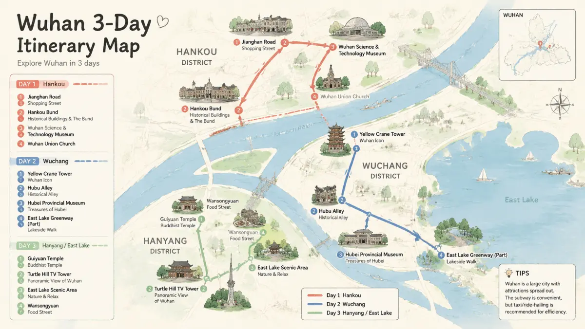 3-day Wuhan itinerary map showing Day 1 Hankou, Day 2 Wuchang, Day 3 East Lake routes