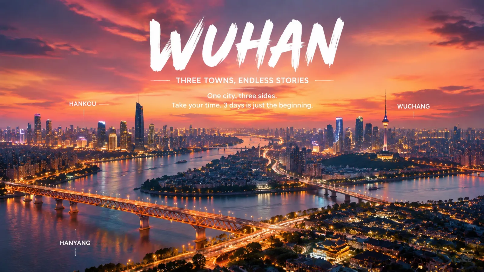 Wuhan skyline at dusk showing the Yangtze River, three towns, and city lights