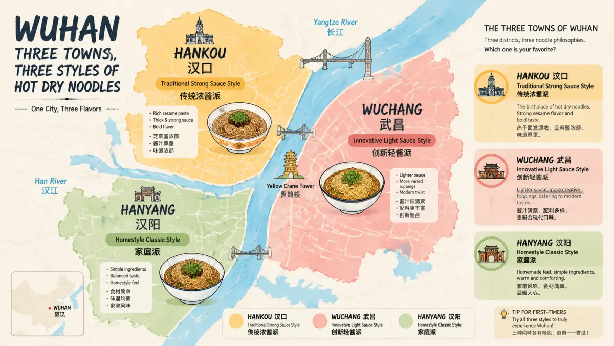 Map of Wuhan's three towns (Hankou, Wuchang, Hanyang) and their hot dry noodle styles