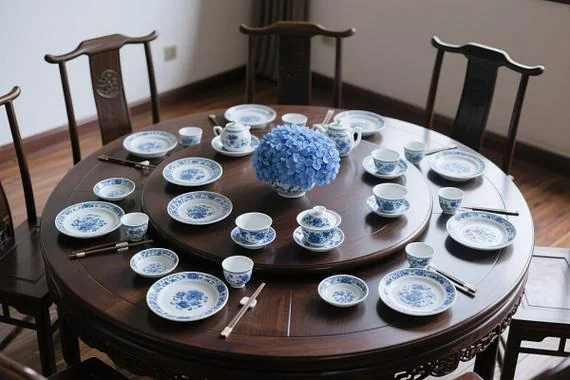A round wooden table laid with blue and white porcelain plates, cups and chopsticks around a turntable