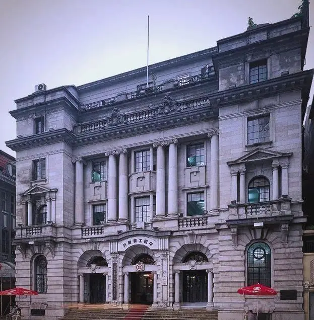 European bank building facades on Jianghan Road in Wuhan showing neoclassical columns and arched windows above modern shopfronts