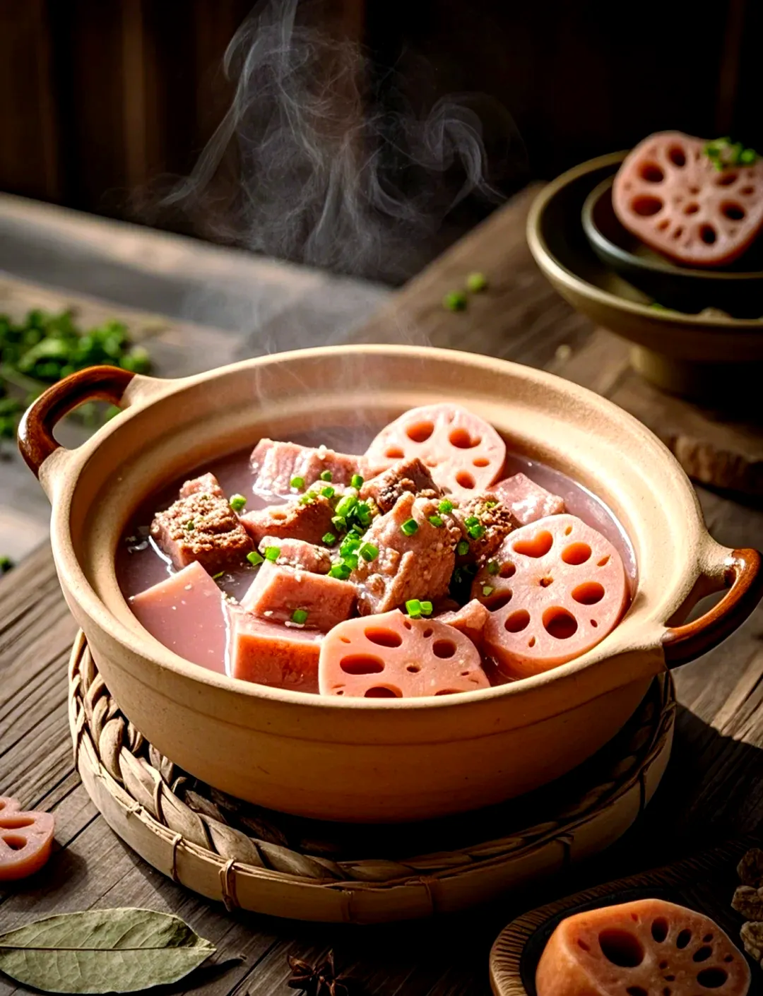 Lotus root and pork rib soup in a clay pot, milky white broth with chunks of lotus root and pork ribs, Wuhan home cooking