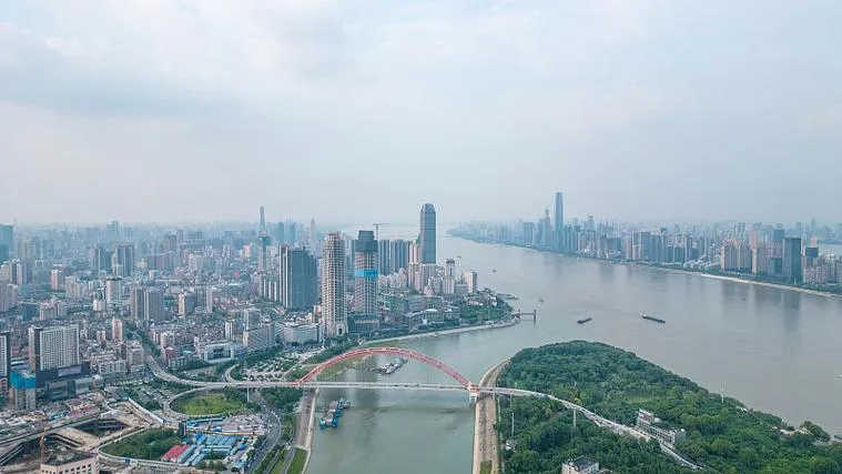 Aerial view of Wuhan's three towns at the confluence of the Yangtze and Han rivers — Hankou, Wuchang, and Hanyang