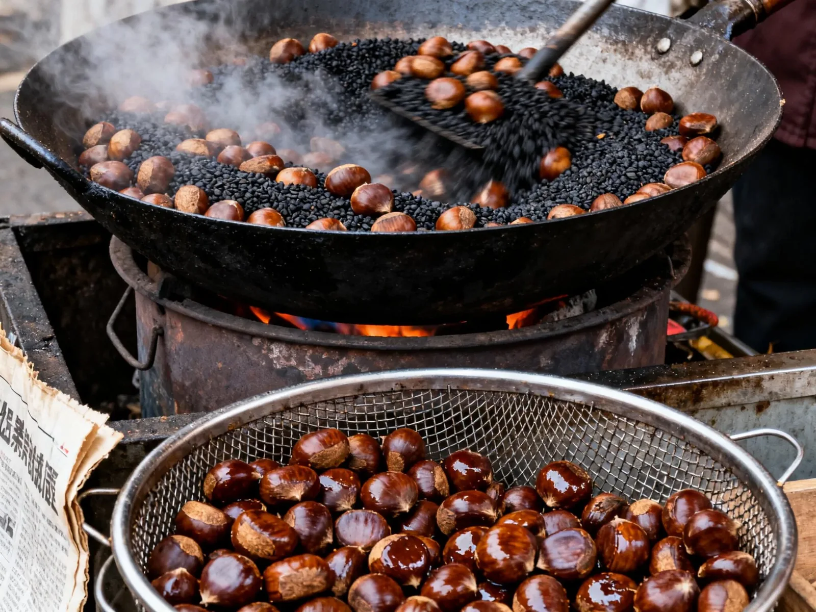 Street vendor roasting chestnuts in a metal drum on a Wuhan sidewalk, the smoky scene of a typical autumn evening