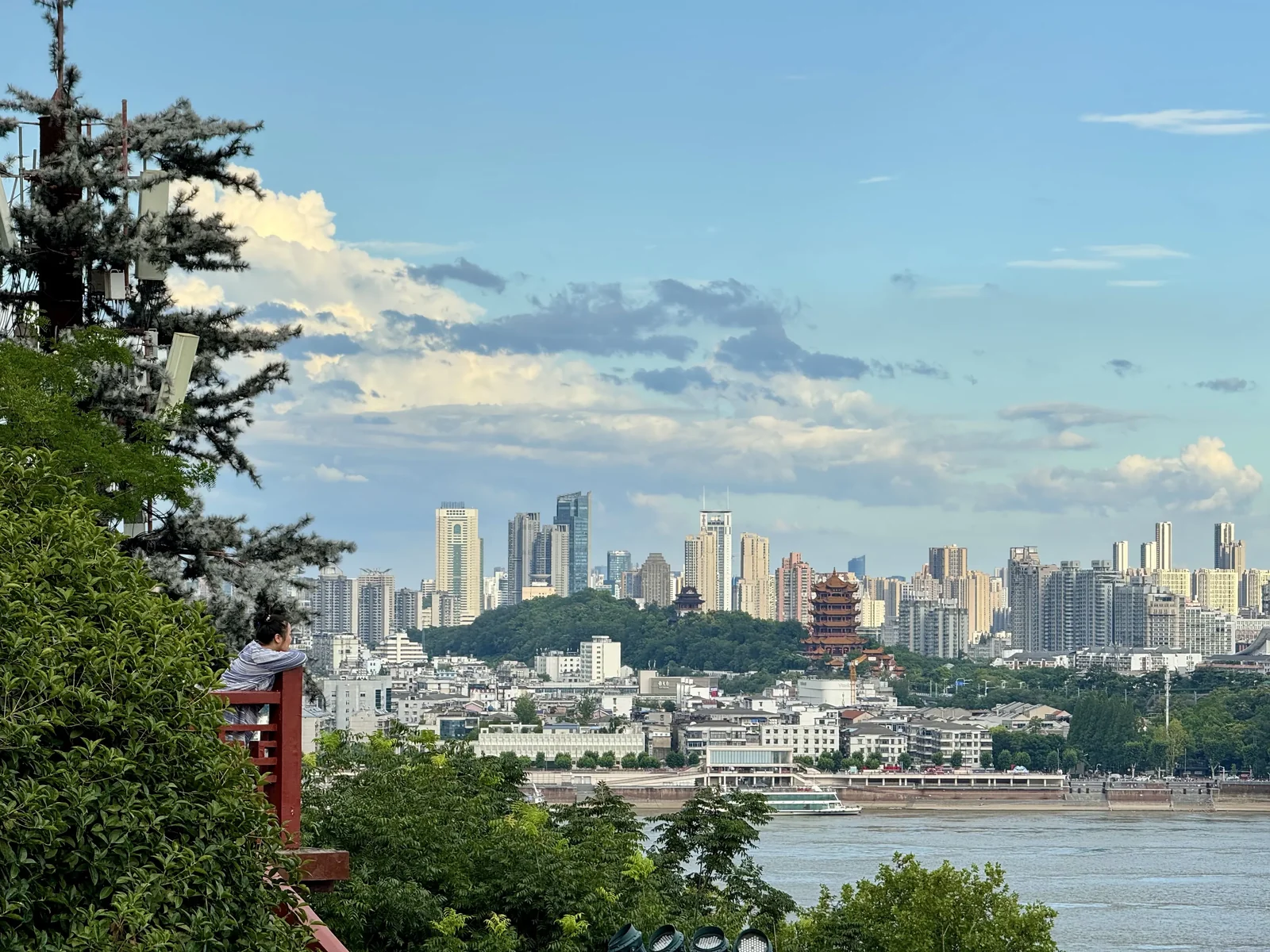 View of the Wuhan skyline and the Yangtze riverfront from Snake Hill, with the Yellow Crane Tower visible on the far bank