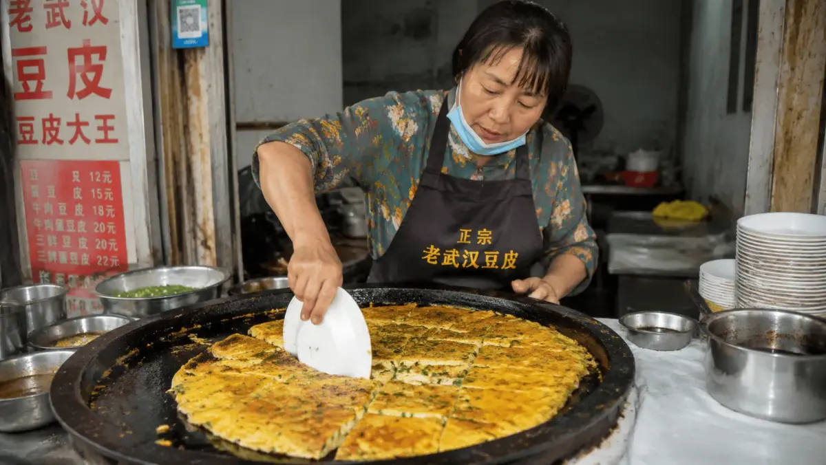 A Wuhan street vendor cooking doupi on a large flat iron pan, cracking an egg over the crispy mung bean batter
