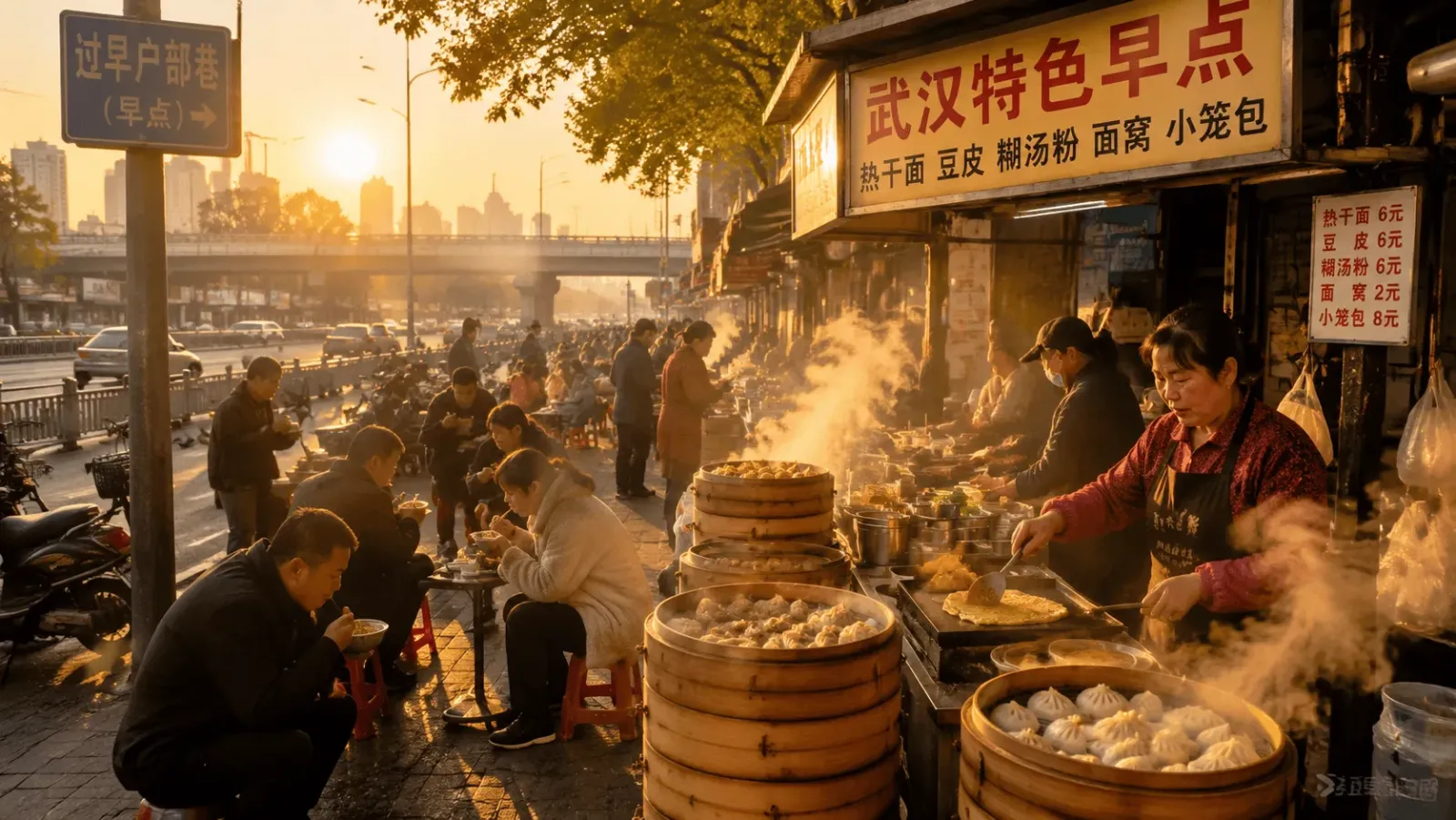Wuhan street breakfast stalls at dawn — steam rising from bamboo baskets, vendors cooking on the sidewalk, locals eating from paper bowls