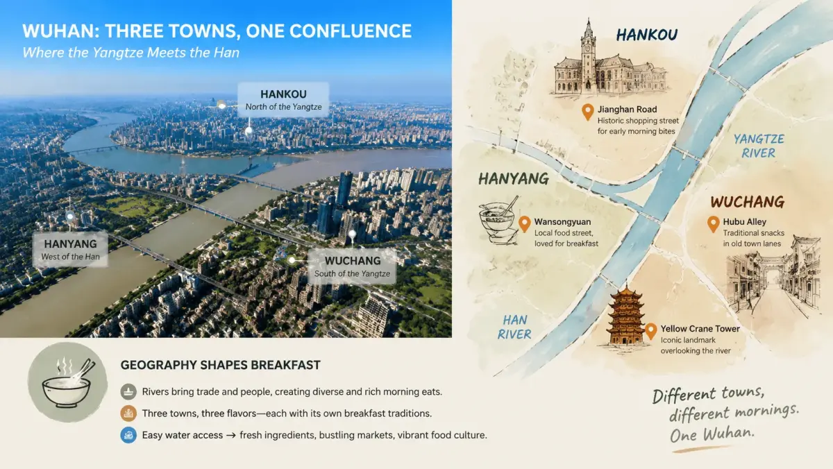 Aerial view of Wuhan at the confluence of the Yangtze and Han rivers, showing the three towns of Wuchang, Hankou, and Hanyang