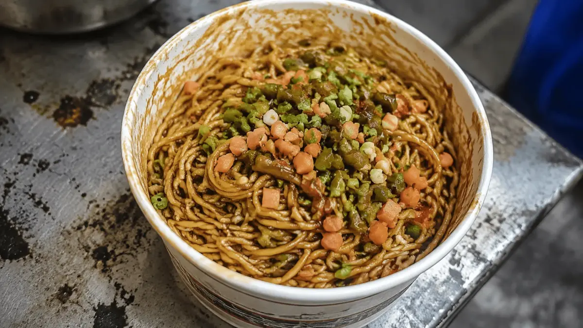 A bowl of Wuhan hot dry noodles (reganmian) coated in sesame paste with pickled radish and scallions, served in a street-side paper bowl
