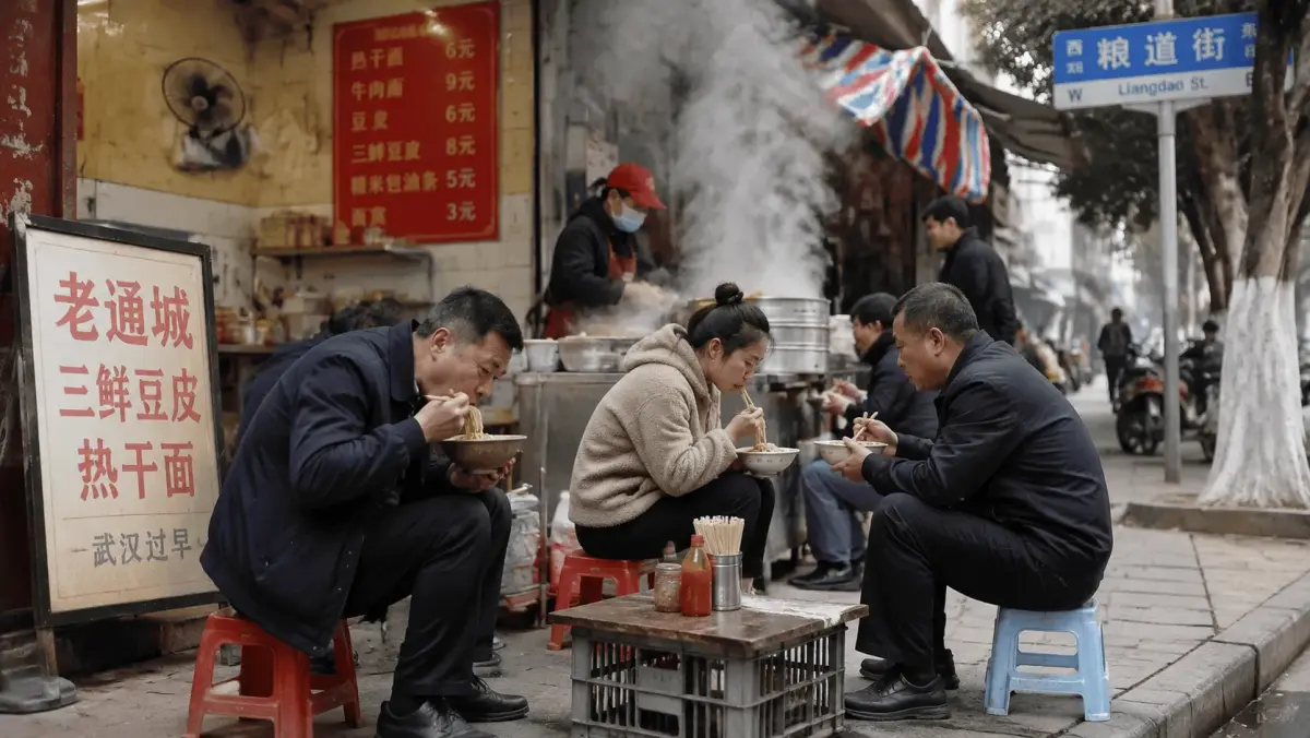 Locals eating breakfast crouched on small plastic stools on a Wuhan sidewalk, holding noodle bowls in their hands