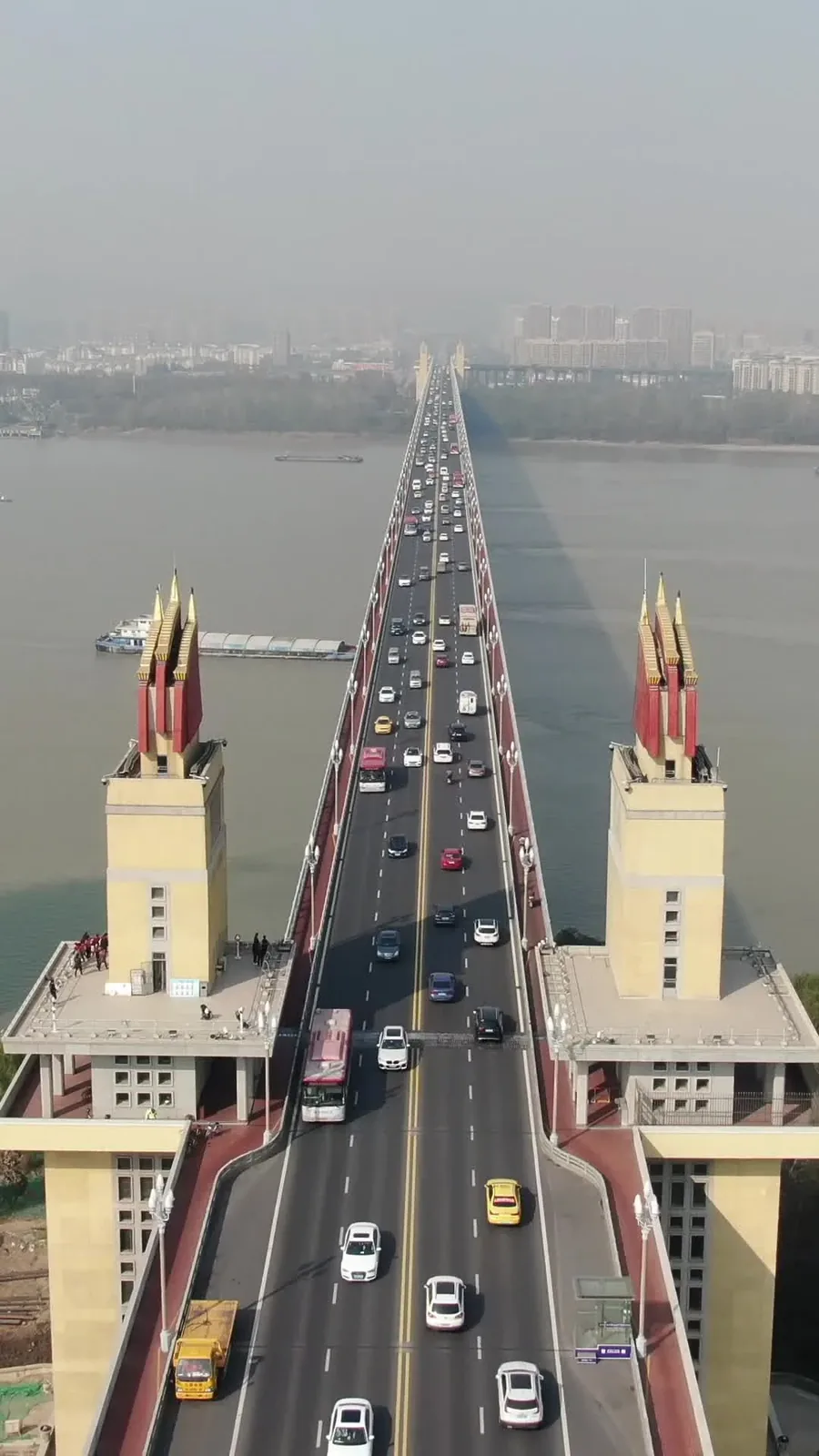 Aerial view of the Yangtze River showing the three towns of Wuhan: Hankou, Hanyang, and Wuchang, split by water