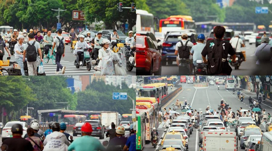 Stream of electric scooters filtering through traffic at a busy Wuhan intersection during morning rush hour, showing the two-wheel commute culture