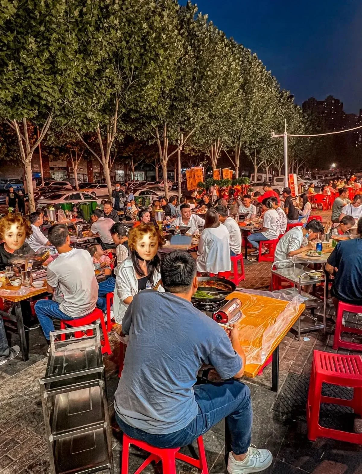 A humorous Wuhan street scene, maybe a market or food stall, where the intensity of everyday speech is written on people's faces, capturing the city's direct manner of communication