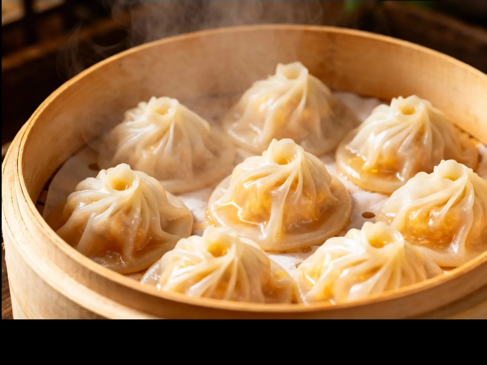 Close-up of soup dumplings in a bamboo steamer with golden broth showing through the thin skin and pooling at the open pleats, steam rising