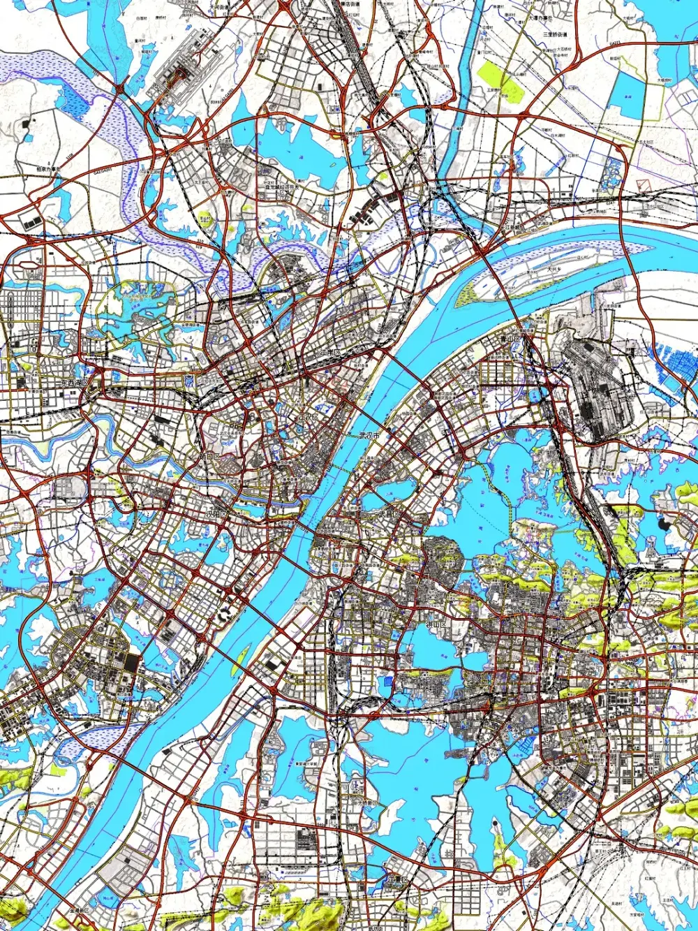 Map of Wuhan's elevated highway network showing the inner ring, middle ring, outer ring and major radial expressways crossing the Yangtze and Han rivers