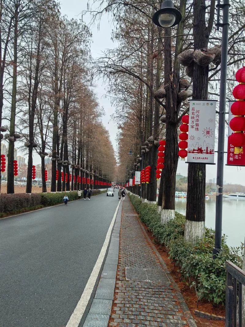 A quiet Wuhan street during Chinese New Year with closed shopfronts, red lanterns, bare winter trees, and a single pedestrian in a red coat walking in the distance