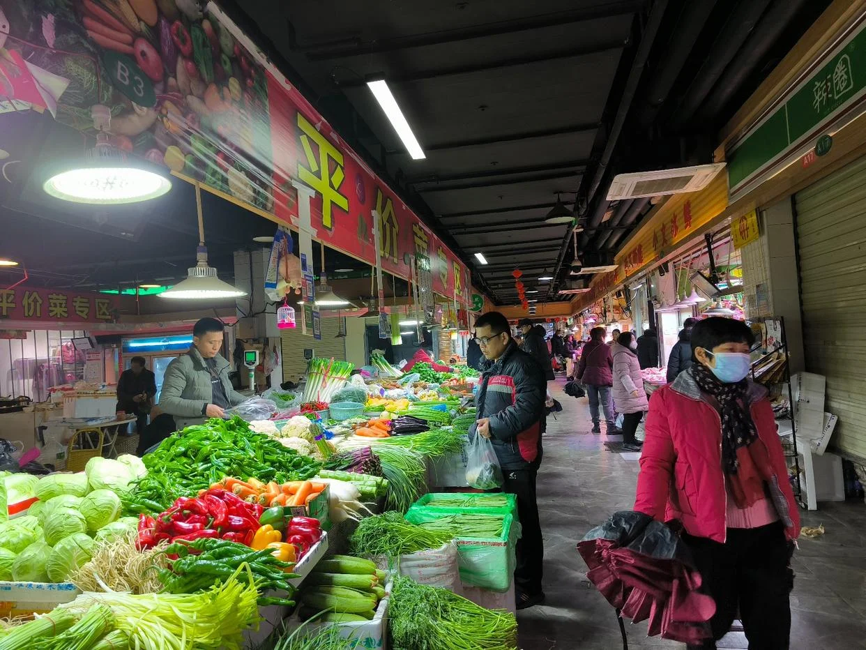 A wet market reopening after Chinese New Year, stalls piled with regional specialty goods brought back by vendors returning from their hometowns