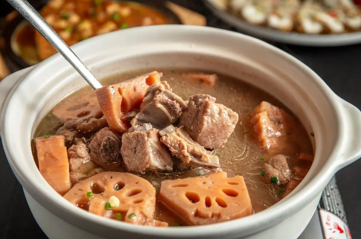 Lotus root and pork rib soup in a clay pot — Wuhan's signature winter comfort food, slow-cooked for hours