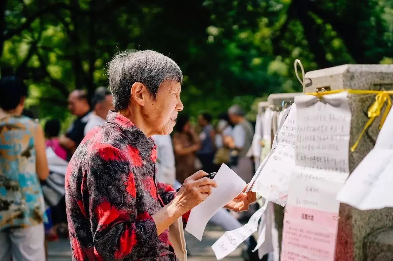 Parent wearing reading glasses studying a laminated A4 resume at the marriage market