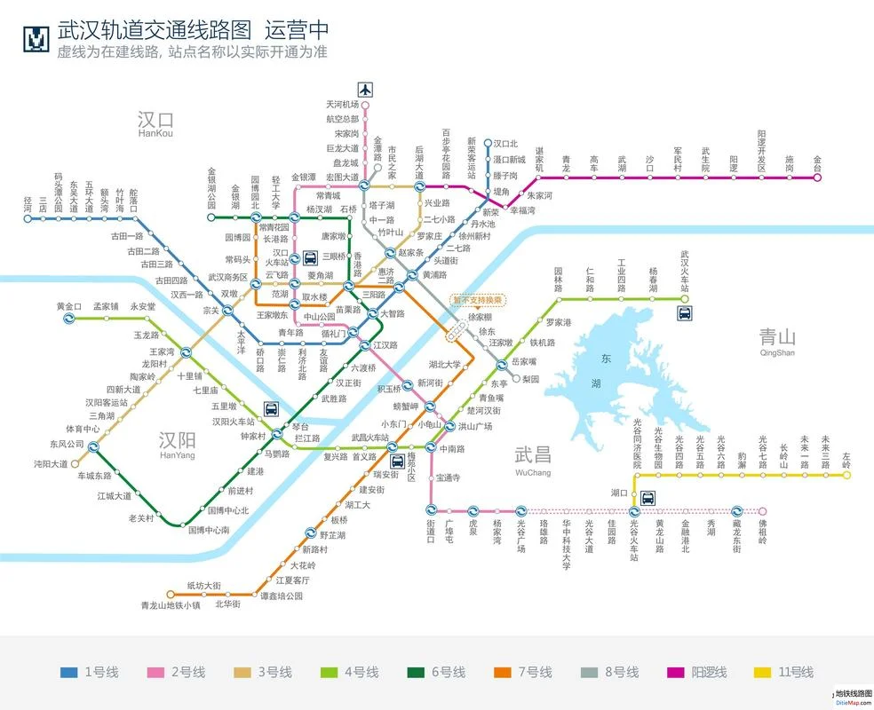 Wuhan Metro route map showing all 11 lines with color-coded routes and major transfer stations highlighted