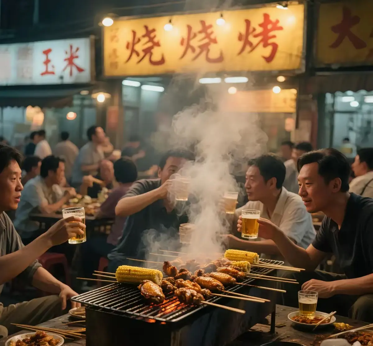 BBQ skewer stall close-up at Wuhan night market — grill full of lamb skewers with cumin and chili