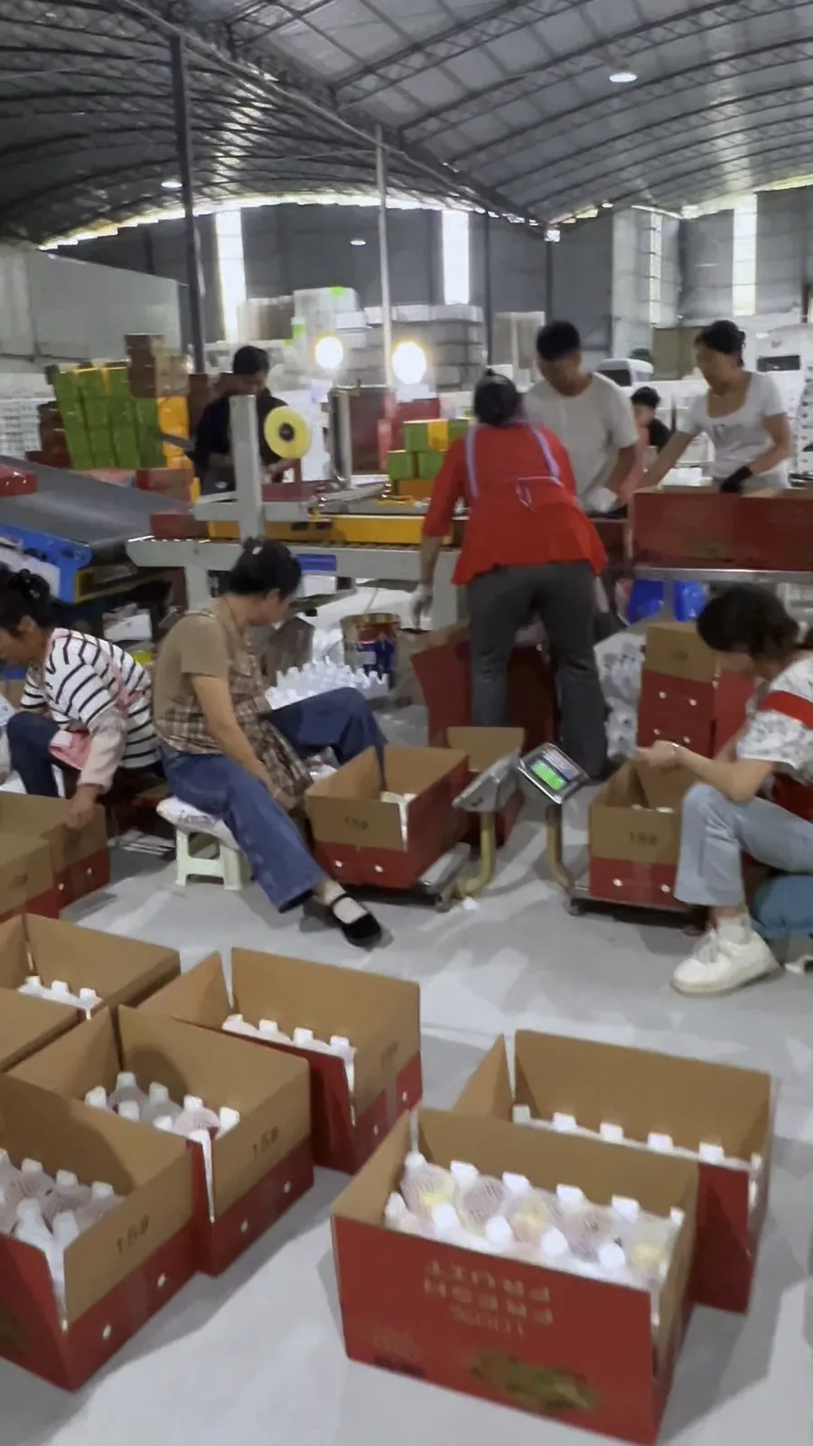 Warehouse floor with workers scanning, packing, and dispatching hundreds of orders on a conveyor system