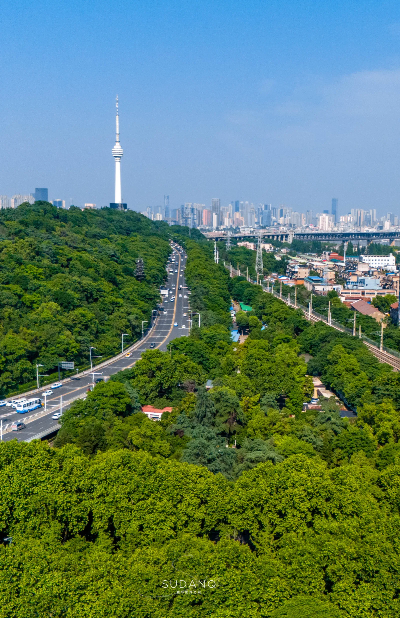 Aerial view of Wuhan's green parks and tree-lined streets with the Yangtze River in the background