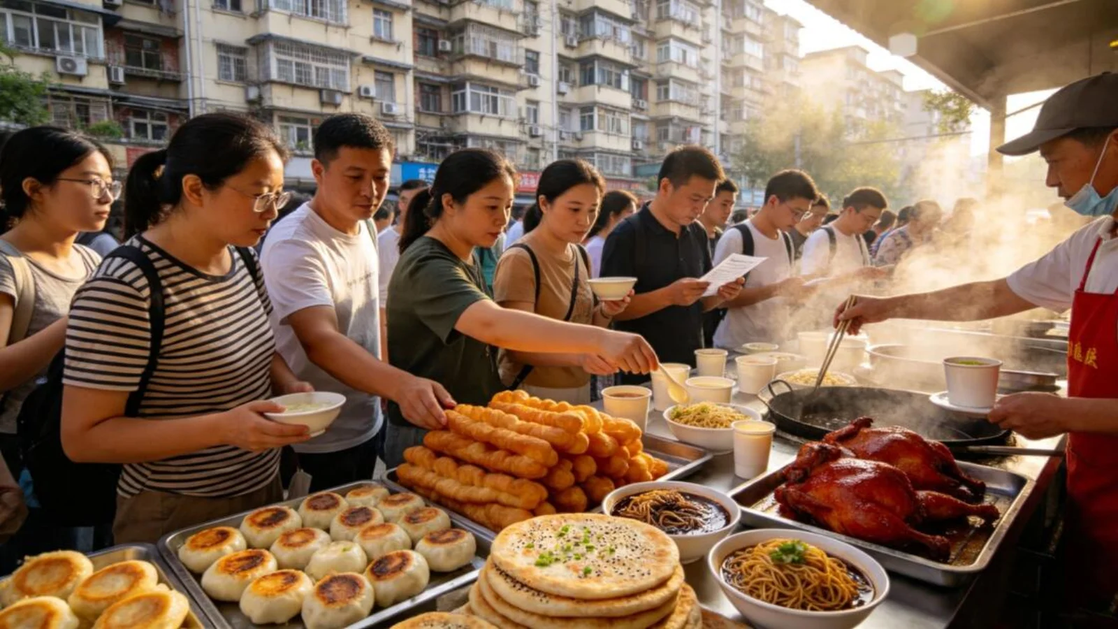 A breakfast vendor energetically calling out orders at a busy Wuhan morning food stall, steam rising from hot dry noodle pots, customers leaning in to shout their orders back