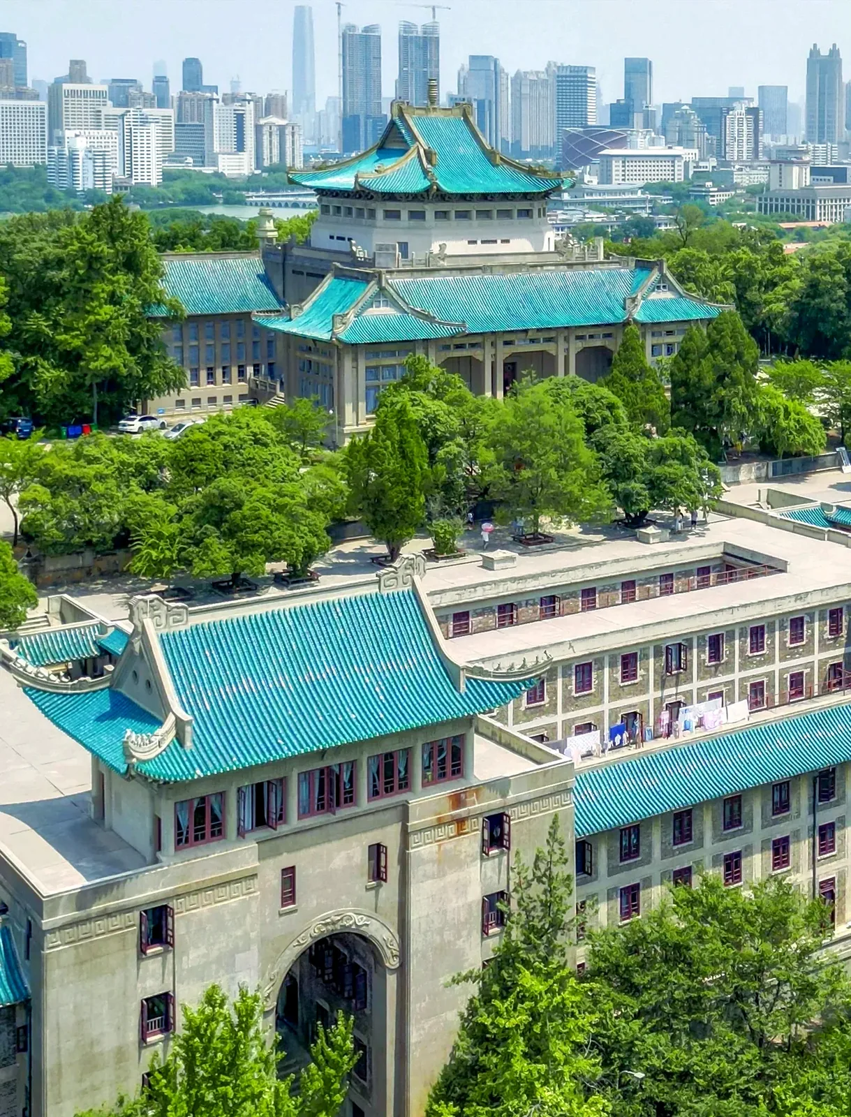 Wuchang area showing university campus buildings, Yellow Crane Tower, or government district architecture representing the intellectual and administrative heart of Wuhan