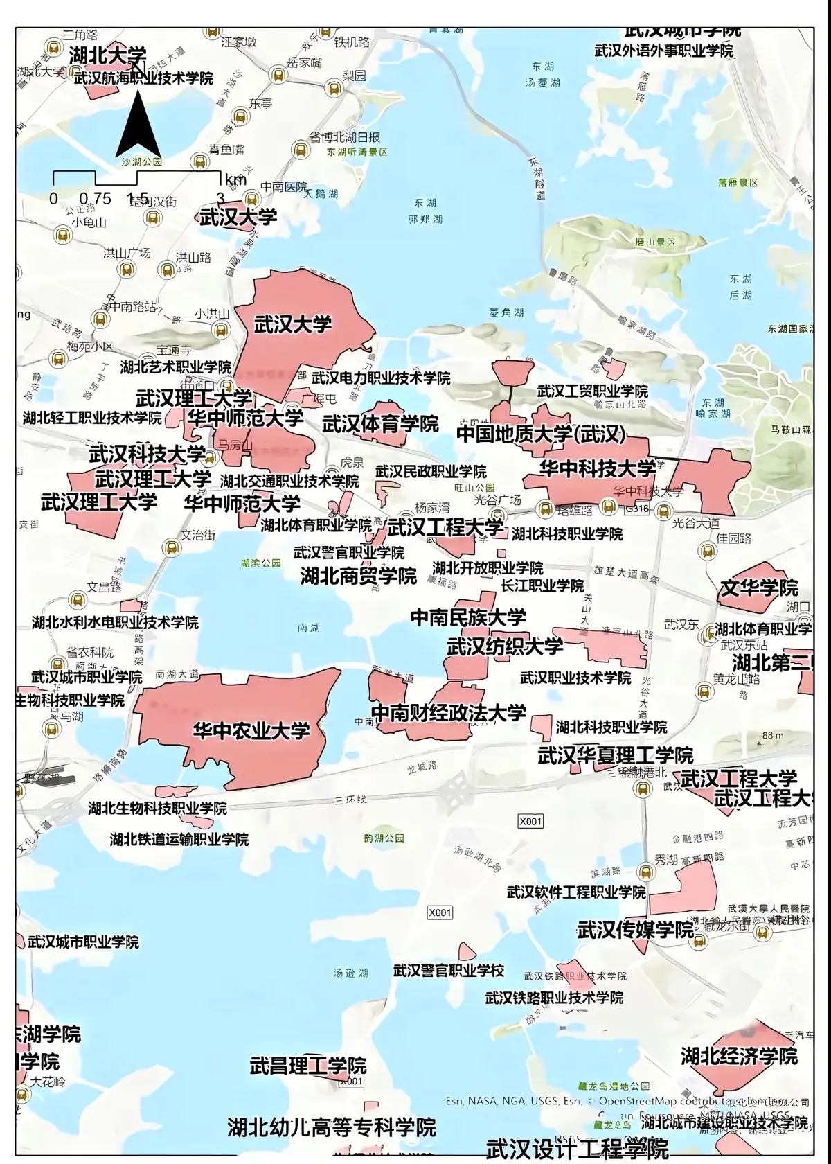 Map showing the cluster of seven major universities within a 3-kilometer radius of Guangbutun station in Wuchang, Wuhan