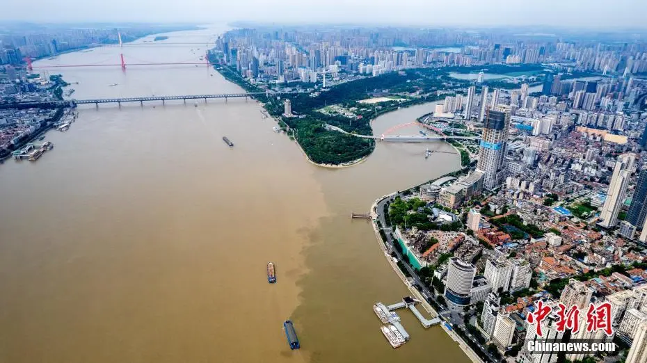Aerial view of the confluence where the Han River meets the Yangtze in Wuhan, creating the three towns