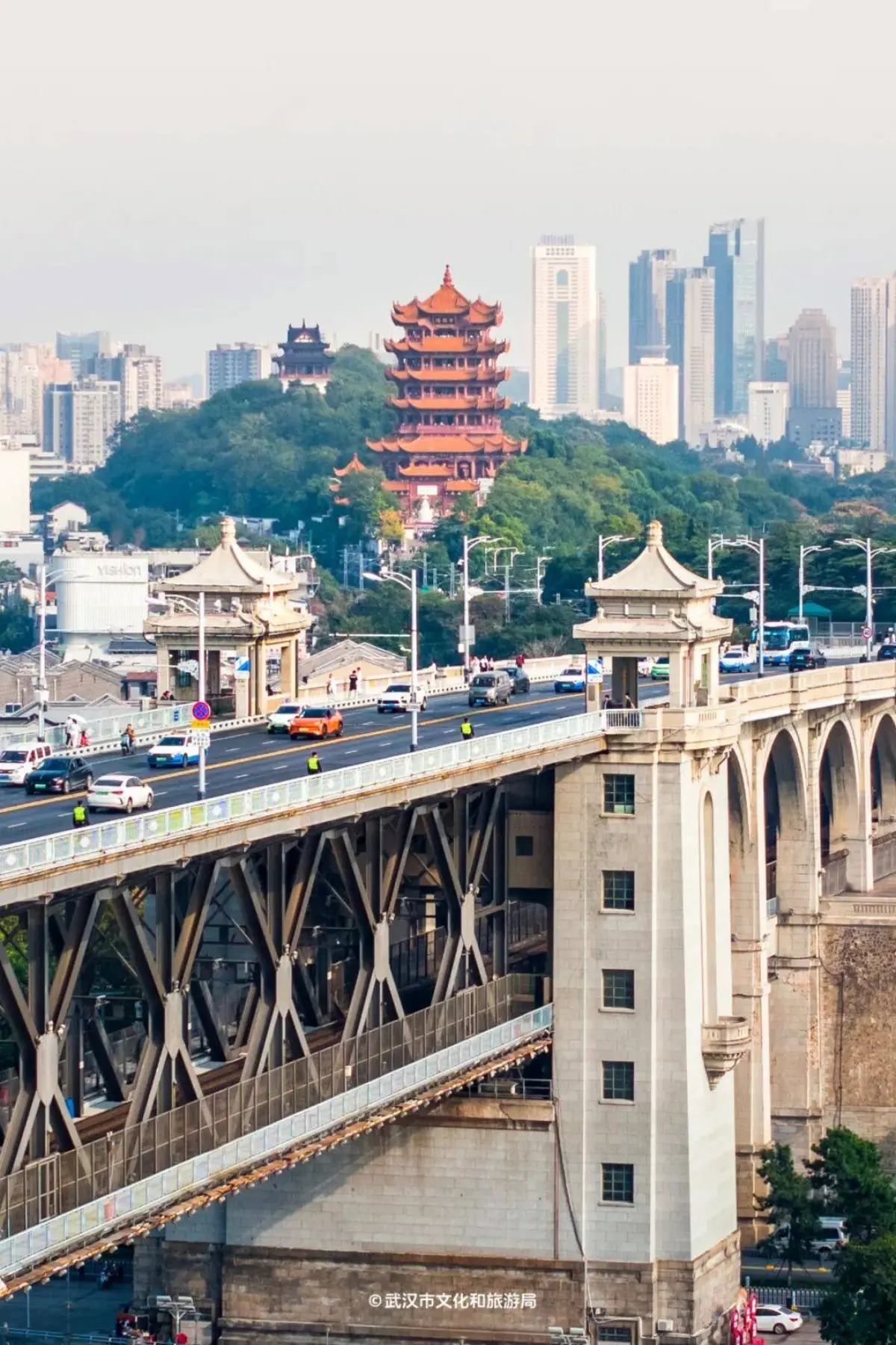 View from the top of Yellow Crane Tower overlooking Wuhan Yangtze River Bridge and the city